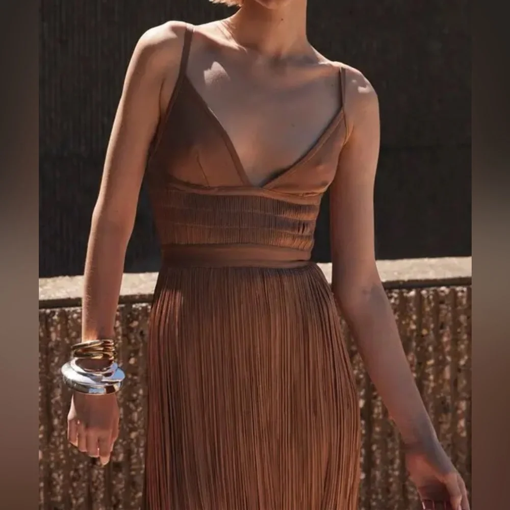 HERVE LEGER Fringe Gown - Toffee FRI8438676 NWT - Picture 6 of 7